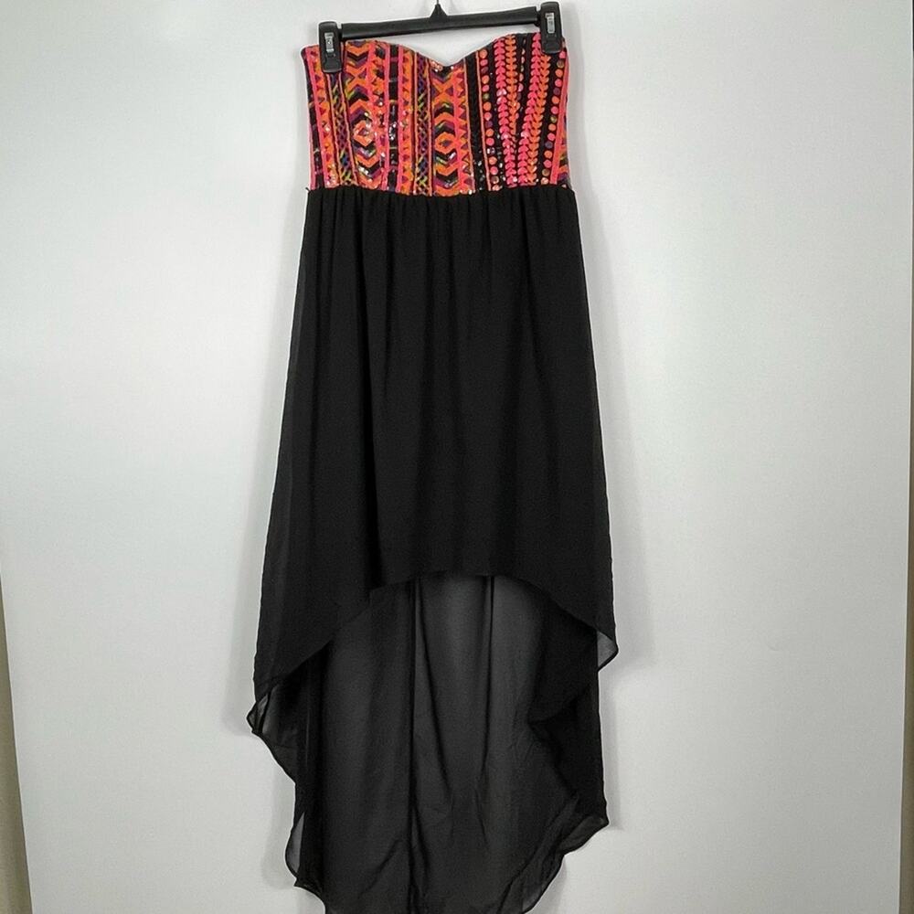 Windsor Women's Sequin Strapless High Low Party Dress Orange Black Tribal Lined